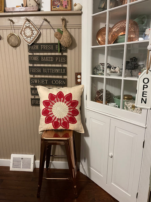 Antique Quilt Pillow Red and Cream
