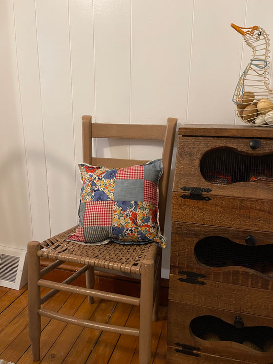Antique Red, White, and Blue Floral Quilt Pillow